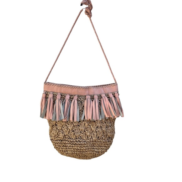 CLEOBELLA RAFIA & LEATHER FRINGE CROSSBODY SHOULDER BAG Pink - Picture 1 of 11